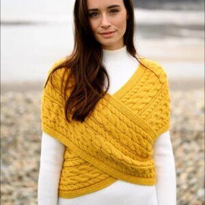 Aran Merino Cable Crossover Wrap with Buttons NWT